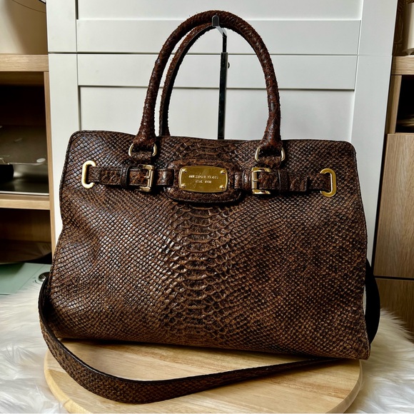 Michael Kors Brown Hamilton Snake Embossed Satchel - Picture 1 of 15